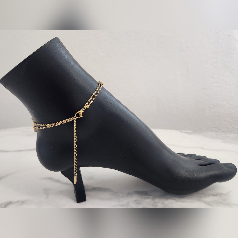 Gold Plated Double Layer Star Anklet Stainless Steel Dainty Bead Chain - Picture 6 of 12